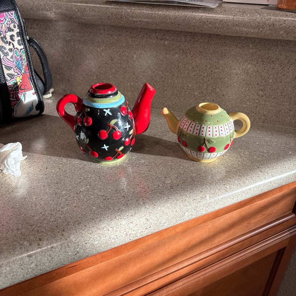 Lot of 2 Vintage Mary Engelbreit 1998 Enesco Cherry Jubilee Teapot Candle Holder